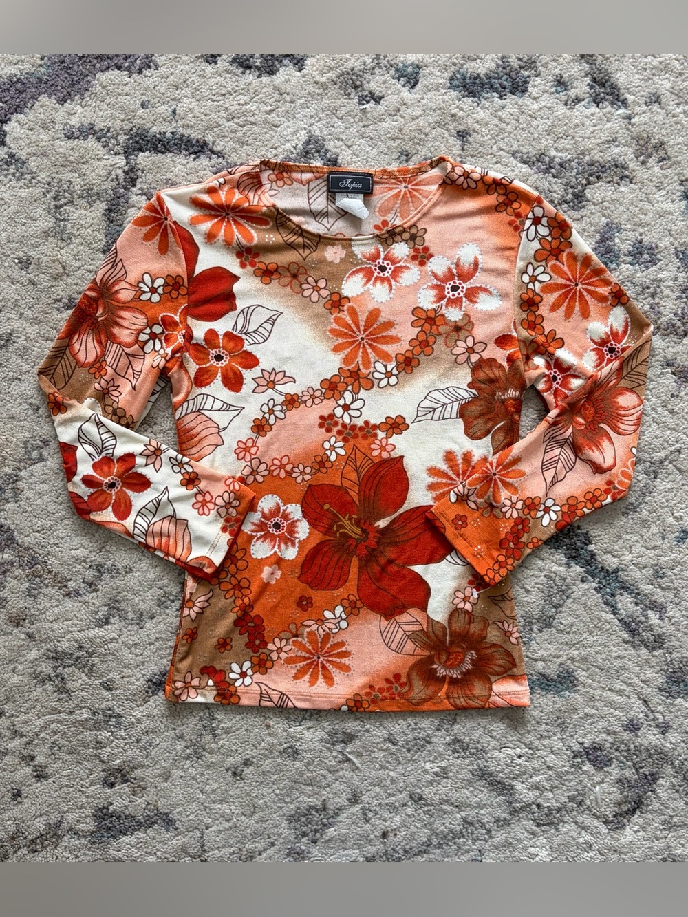 Vintage Floral Orange Quarter Sleeve Top